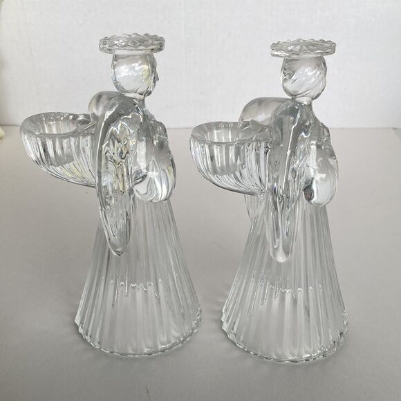 Vintage Clear Glass Lead Crystal Angel Taper Candle Stick Holders Set 2 Holiday - Picture 8 of 15